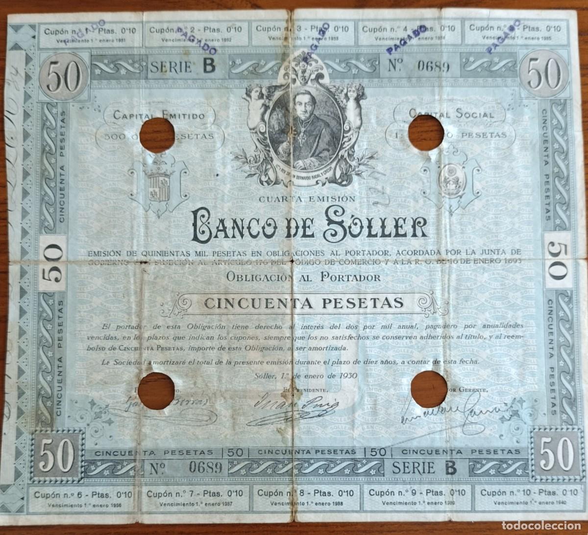 Coleccionismo Acciones Espa&ntilde;olas: OBLIGACI&Oacute;N DE CINCUENTA PESETAS DEL BANCO DE S&Oacute;LLER. MALLORCA, 1 DE ENERO DE 1930.