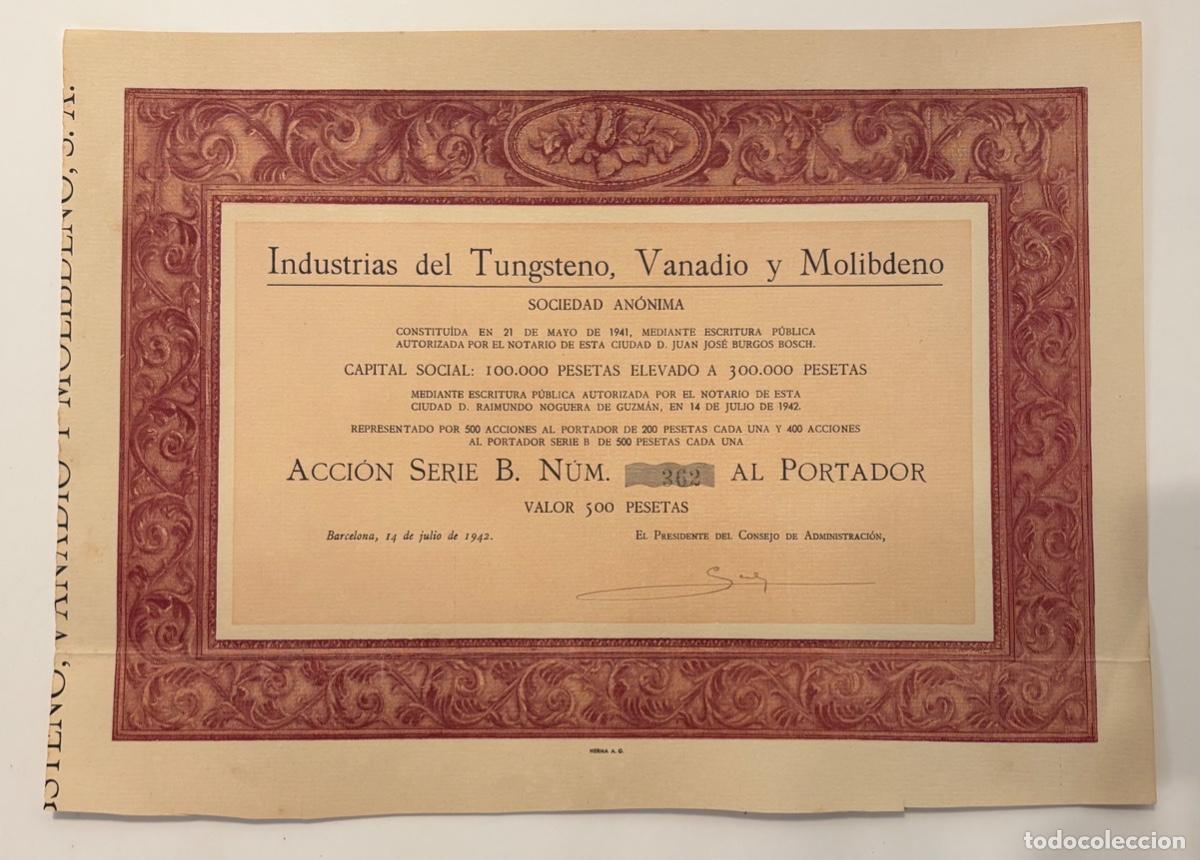 Coleccionismo Acciones Espa&ntilde;olas: Lote de 10 acciones de Industrias del Tungsteno, Vanadio y Molibdeno (1942)