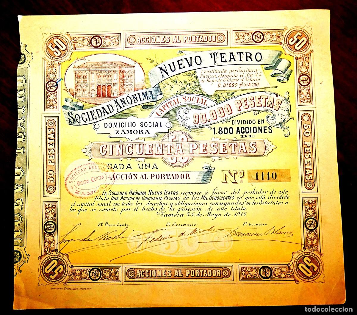 Coleccionismo Acciones Espa&ntilde;olas: Nuevo Teatro , SA Zamora 1915 acci&oacute;n