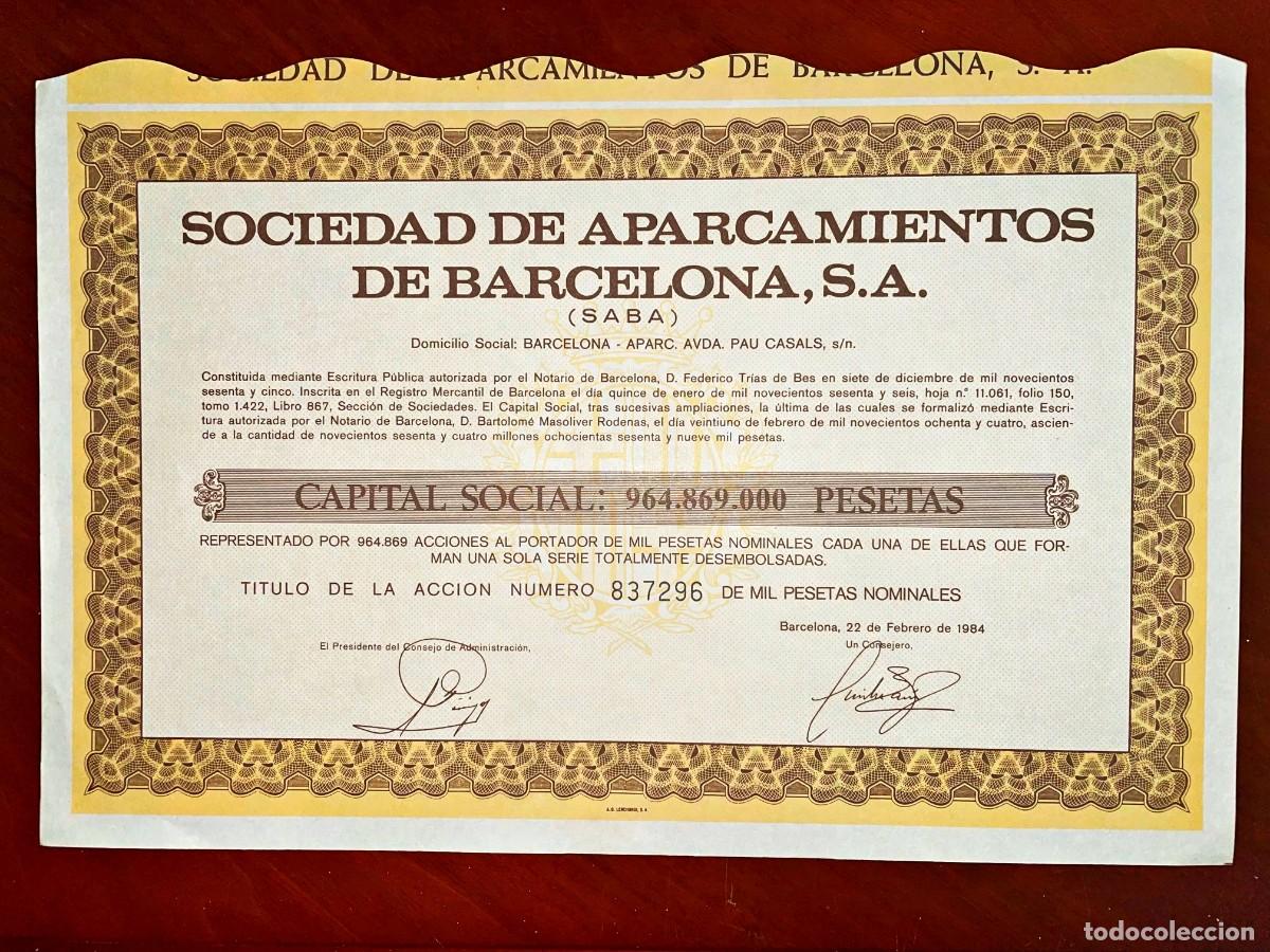 Coleccionismo Acciones Espa&ntilde;olas: SOCIEDAD DE APARCAMIENTOS DE BARCELONA, SA SABA, Barcelona 1984-85 acci&oacute;n