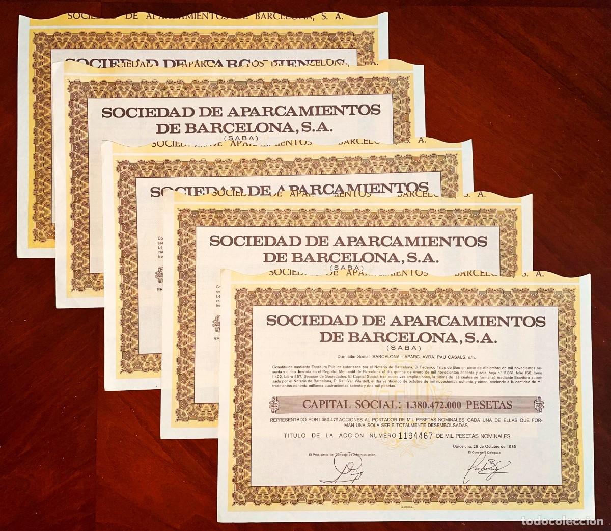 Coleccionismo Acciones Espa&ntilde;olas: SOCIEDAD DE APARCAMIENTOS DE BARCELONA, SA SABA, Barcelona 1984-85 acci&oacute;n x 5