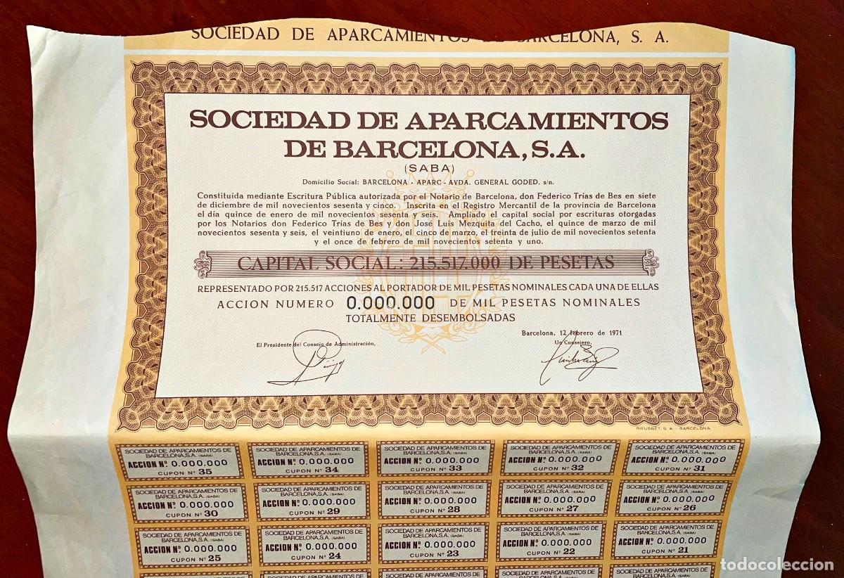 Coleccionismo Acciones Espa&ntilde;olas: SOCIEDAD DE APARCAMIENTOS DE BARCELONA, SA SABA, Barcelona 1984-85 acci&oacute;n Specimen 00000