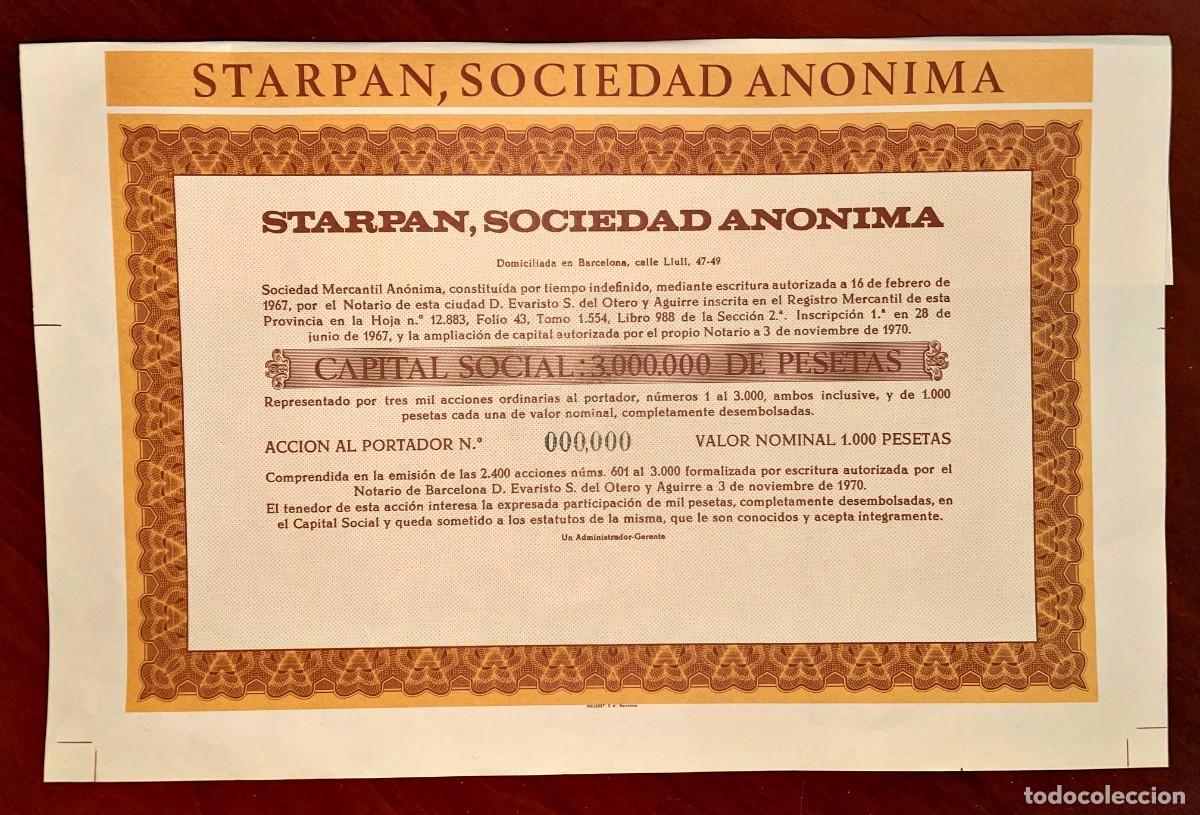 Coleccionismo Acciones Espa&ntilde;olas: Starpan, SA Barcelona 1970 acci&oacute;n Specimen numeraci&oacute;n 00000