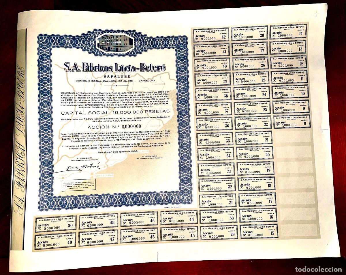Coleccionismo Acciones Espa&ntilde;olas: F&aacute;bricas L&uacute;cia-Beter&eacute;, SA Barcelona 1960 acci&oacute;n Specimen n&ordm; 00000, Colchones FLEX