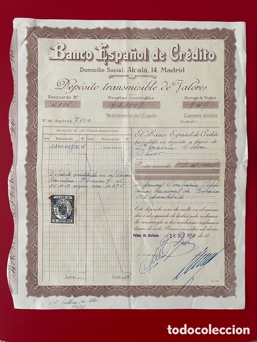 Coleccionismo Acciones Espa&ntilde;olas: Dep&oacute;sito transmisible de valores. Acciones compa&ntilde;&iacute;a telef&oacute;nica nacional de Espa&ntilde;a. 1950. Mallorca.
