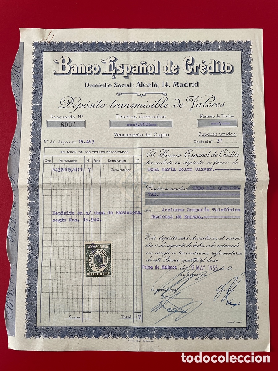 Coleccionismo Acciones Espa&ntilde;olas: Dep&oacute;sito transmisible de valores. Compa&ntilde;&iacute;a Telef&oacute;nica nacional de Espa&ntilde;a. 1955. Mallorca.