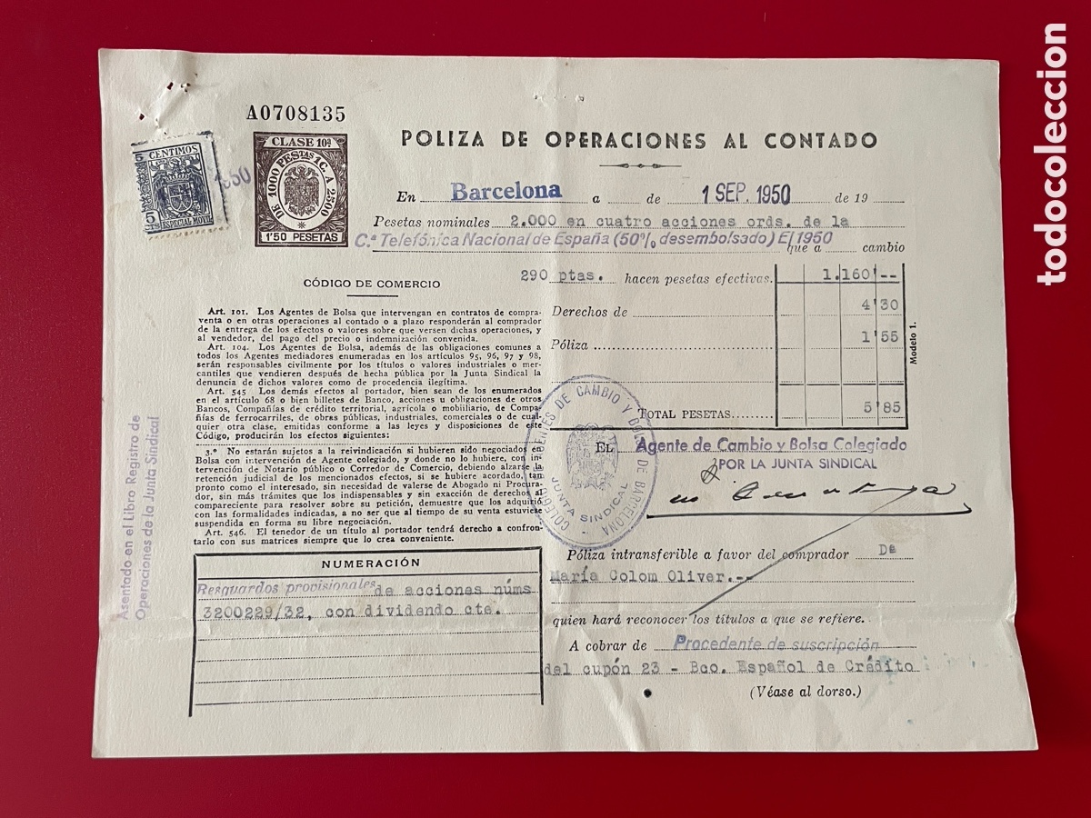 Coleccionismo Acciones Espa&ntilde;olas: P&oacute;liza de operaciones al contado. Compa&ntilde;&iacute;a telef&oacute;nica nacional de Espa&ntilde;a. 1950. Barcelona.