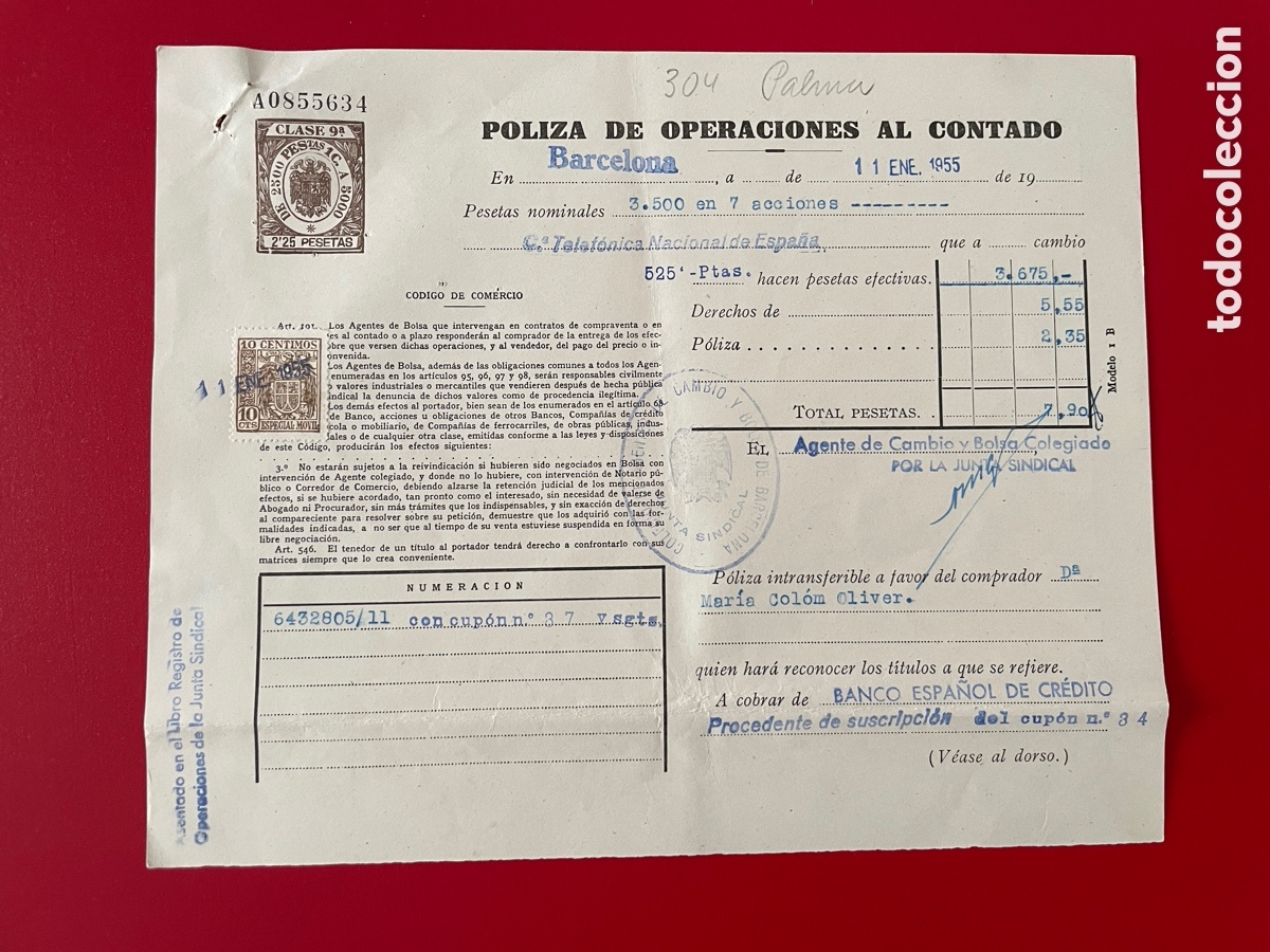 Coleccionismo Acciones Espa&ntilde;olas: P&oacute;liza de operaciones al contado. Compa&ntilde;&iacute;a telef&oacute;nica nacional de Espa&ntilde;a. 1955. Barcelona.