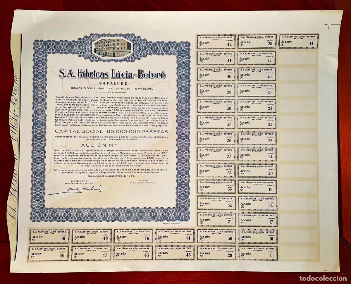 Coleccionismo Acciones Espa&ntilde;olas: F&aacute;bricas L&uacute;cia-Beter&eacute;, SA Barcelona 1966 acci&oacute;n sin emitir, Colchones FLEX