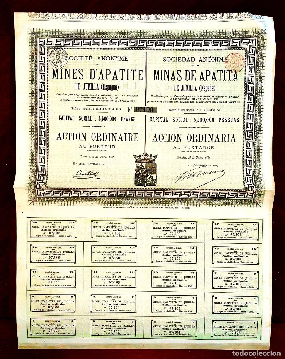 Coleccionismo Acciones Espa&ntilde;olas: Minas de Apatita de Jumilla 1888 Bruselas Acci&oacute;n ordinaria