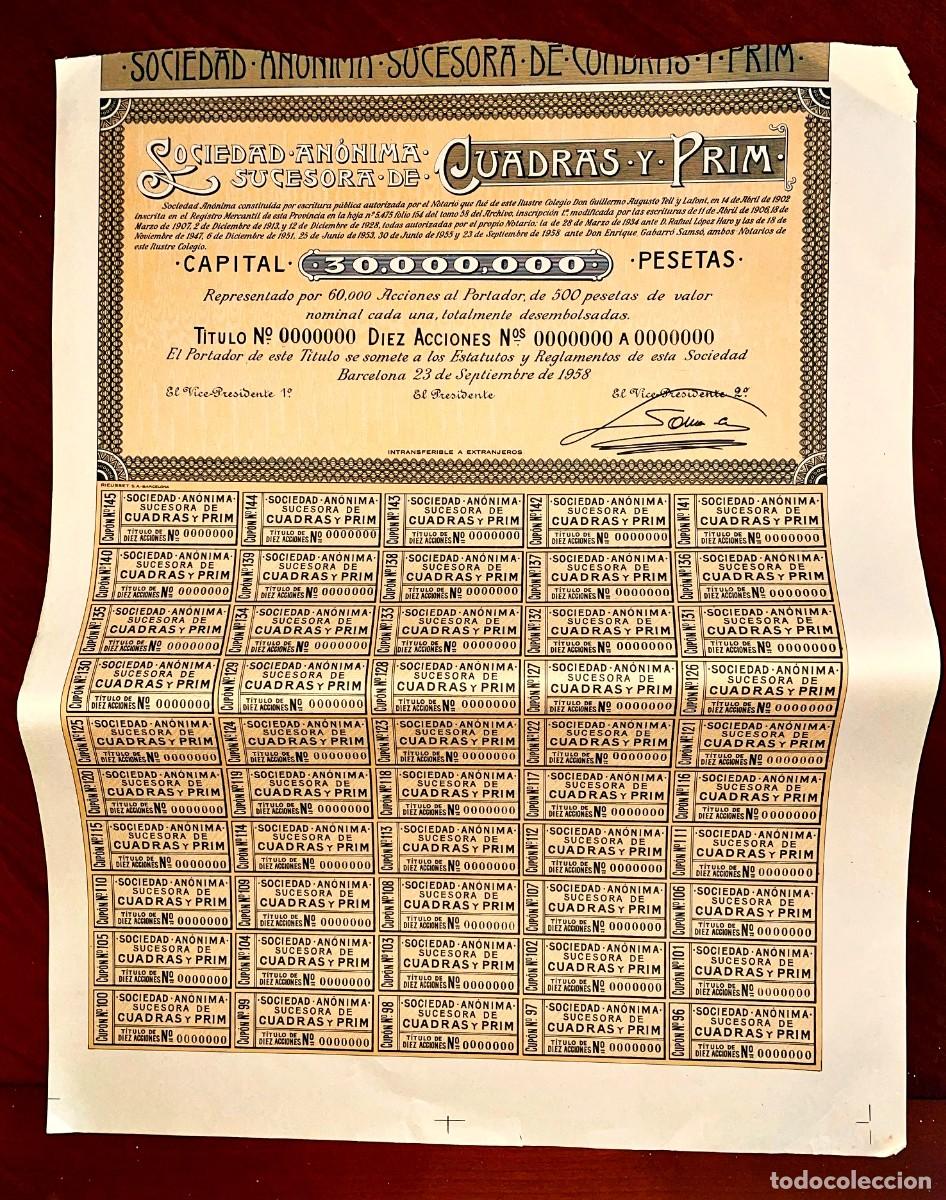 Coleccionismo Acciones Espa&ntilde;olas: Sucesora de Cuadras y Prim ,acci&oacute;n Specimen numeraci&oacute;n 0000 de la sociedad Barcelona 1958