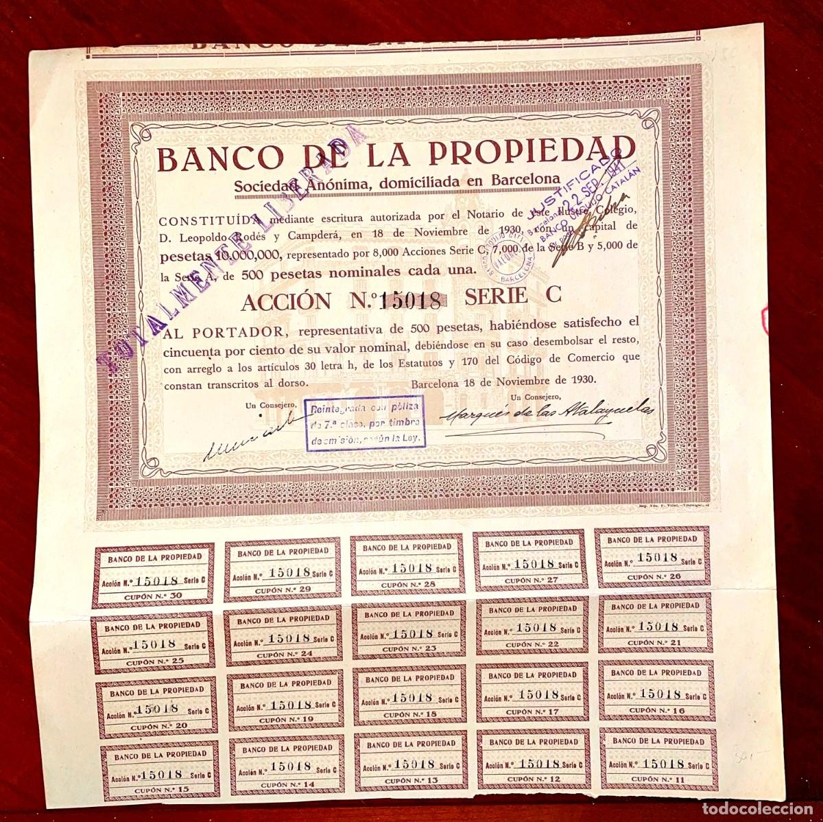 Coleccionismo Acciones Espa&ntilde;olas: Banco de la Propiedad SA Barcelona 1930, acci&oacute;n