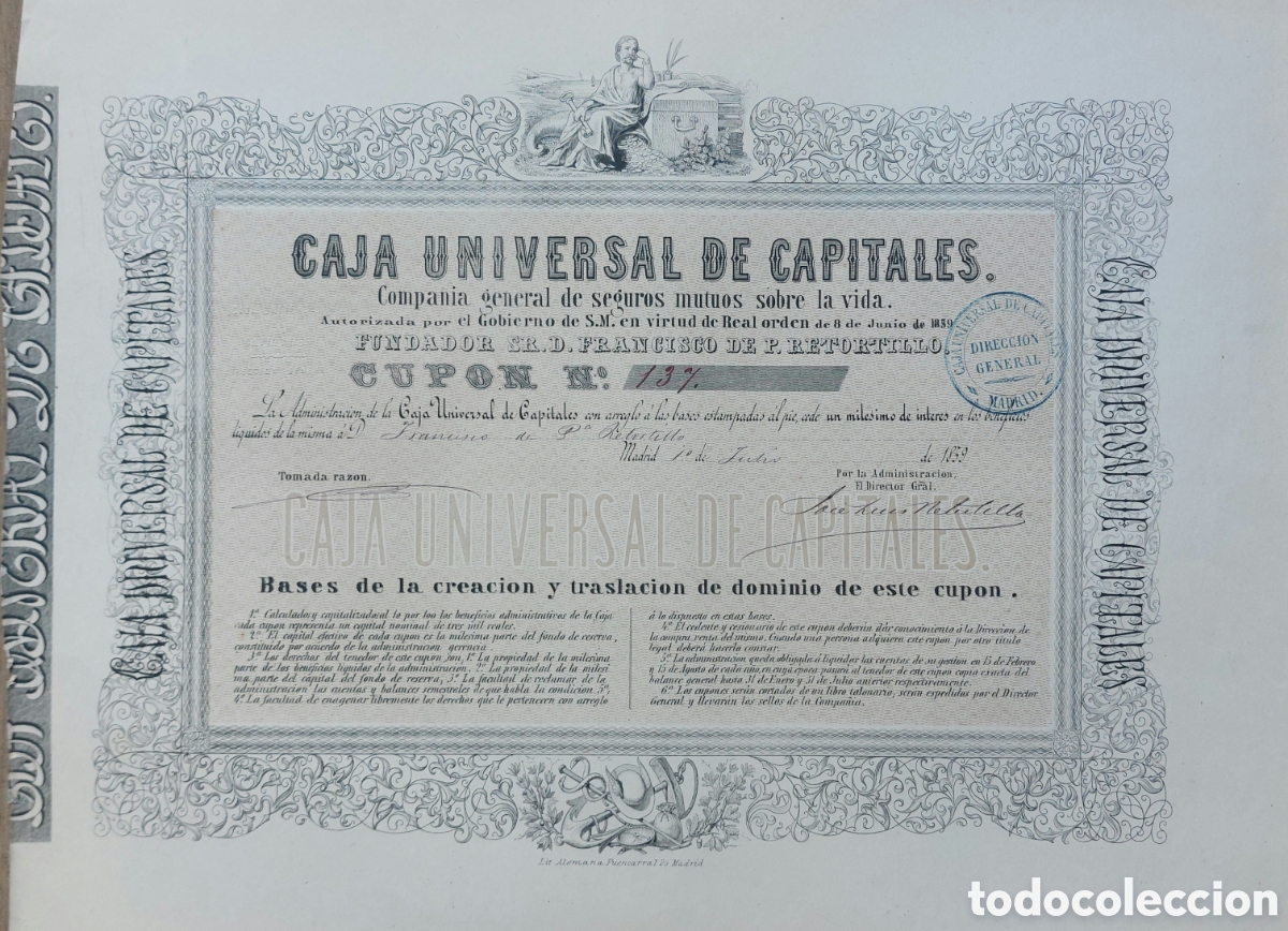 Coleccionismo Acciones Espa&ntilde;olas: Caja Universal de Capitales (1859)