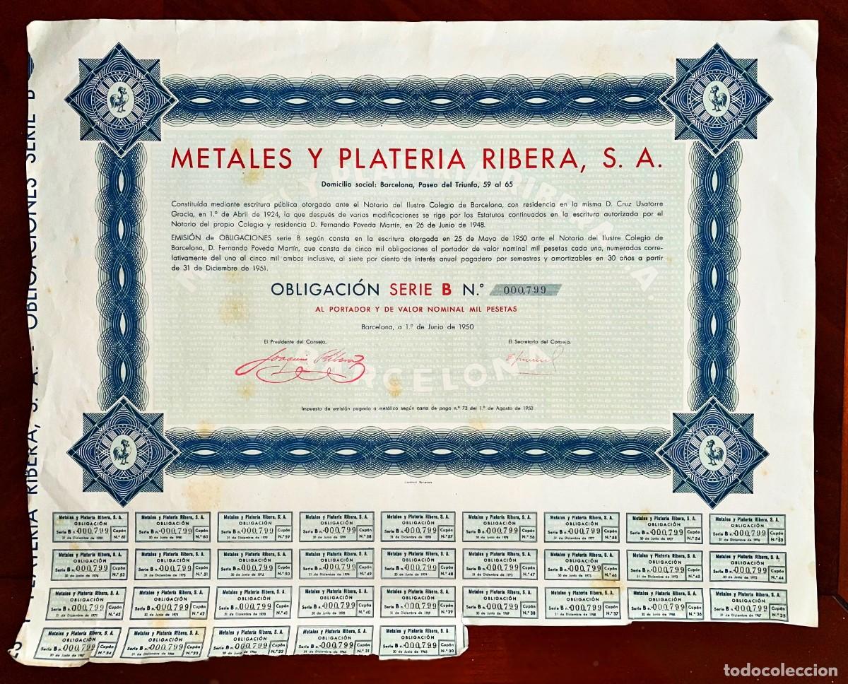 Coleccionismo Acciones Espa&ntilde;olas: Metales y Plateria Ribera,SA Barcelona 1950, obligaci&oacute;n , con manchas