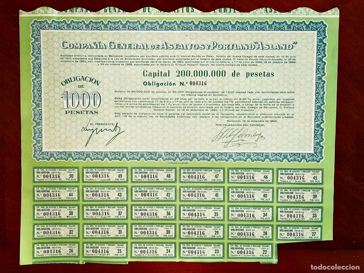 Coleccionismo Acciones Espa&ntilde;olas: Compa&ntilde;&iacute;a General de Asfaltos y Portland Asland ,Barcelona 1960, obligaci&oacute;n