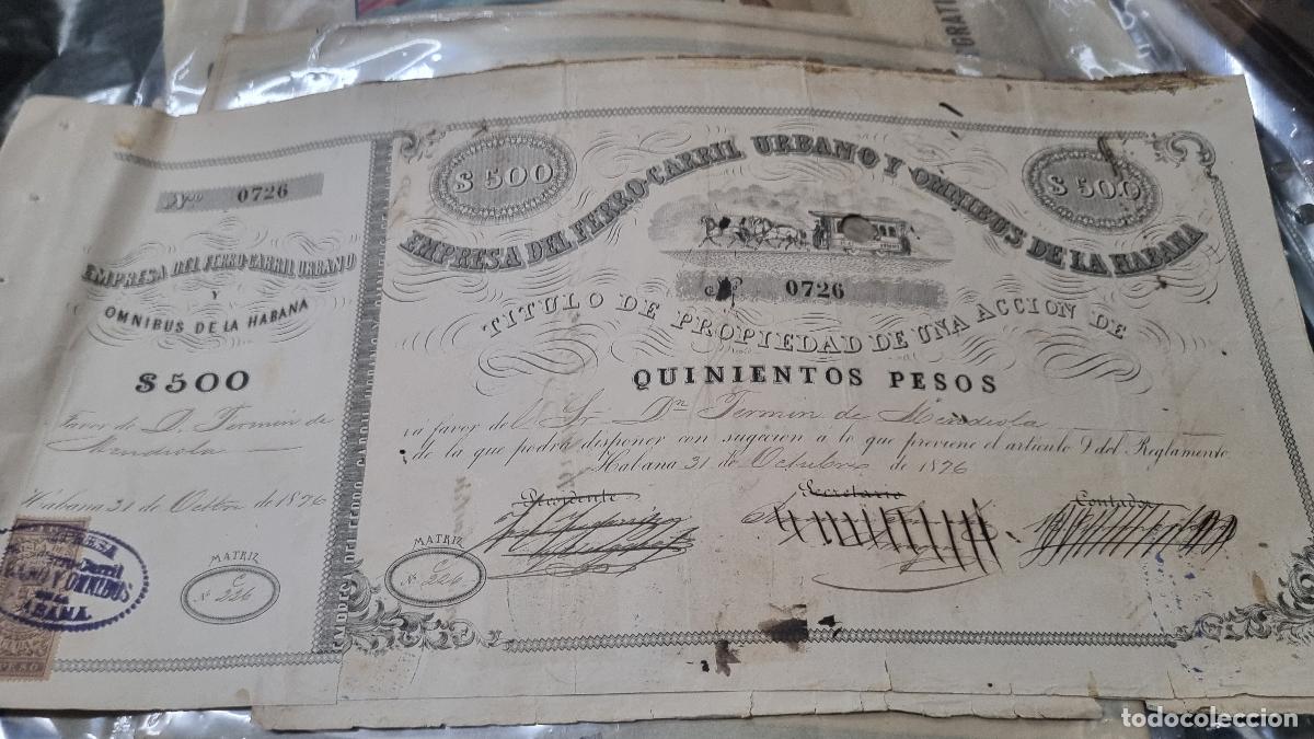 Coleccionismo Acciones Espa&ntilde;olas: ACCION FERROCARRIL URBANO OMNIBUS HABANA 1876 TRANVIA CABALLOS CUBA 500 PESOS EPOCA COLONIAL