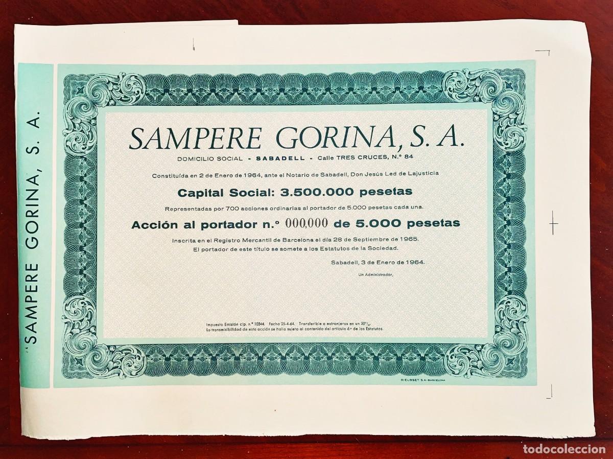 Coleccionismo Acciones Espa&ntilde;olas: Sampere Gorina,SA Sabadell 1964 , acci&oacute;n Specimen Numeraci&oacute;n 00000
