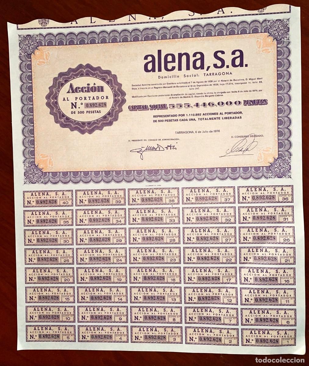 Coleccionismo Acciones Espa&ntilde;olas: Alena,SA, Tarragona, 1976. Explotaciones en Guinea Ecuatorial Espa&ntilde;ola, acci&oacute;n