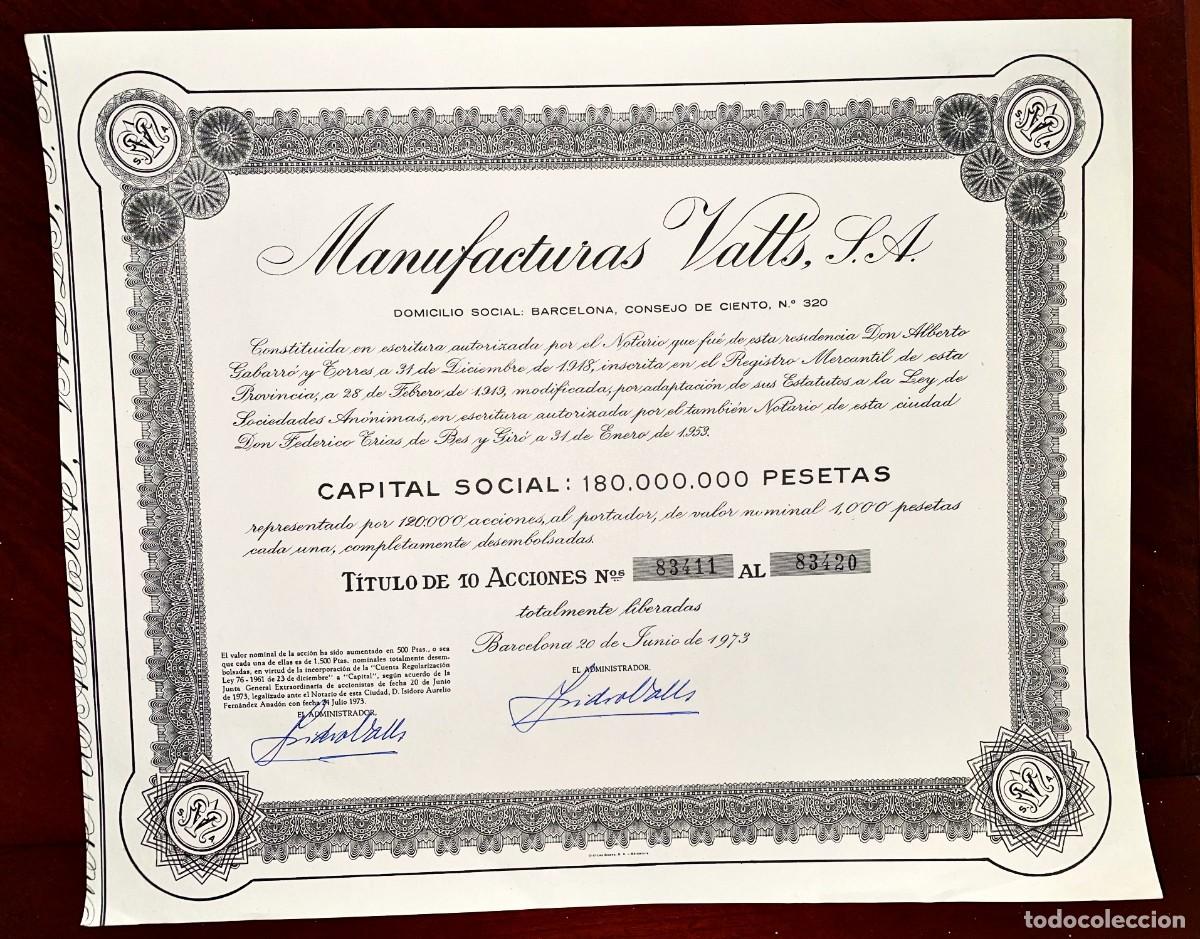 Coleccionismo Acciones Espa&ntilde;olas: Manufacturas Valls SA ,Barcelona 1973 acci&oacute;n
