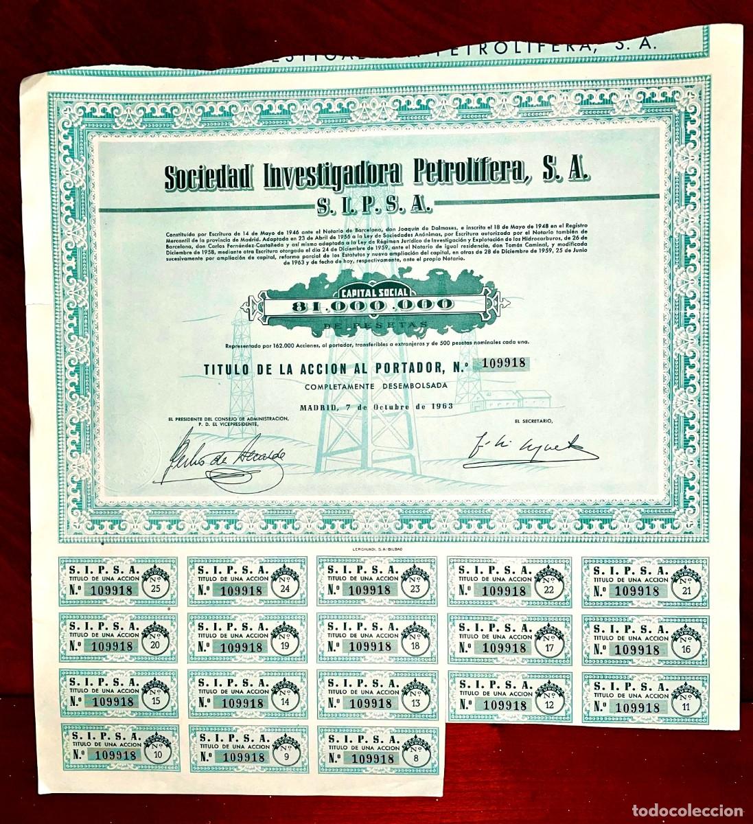 Coleccionismo Acciones Espa&ntilde;olas: Sociedad Investigadora Petrol&iacute;fera SIPSA ,Madrid 1963 acci&oacute;n
