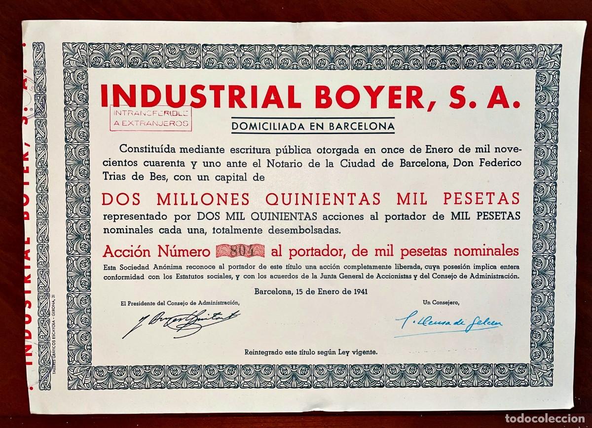 Coleccionismo Acciones Espa&ntilde;olas: Industrial Boyer ,Barcelona 1941, Industria algodonera en Igualada, acci&oacute;n