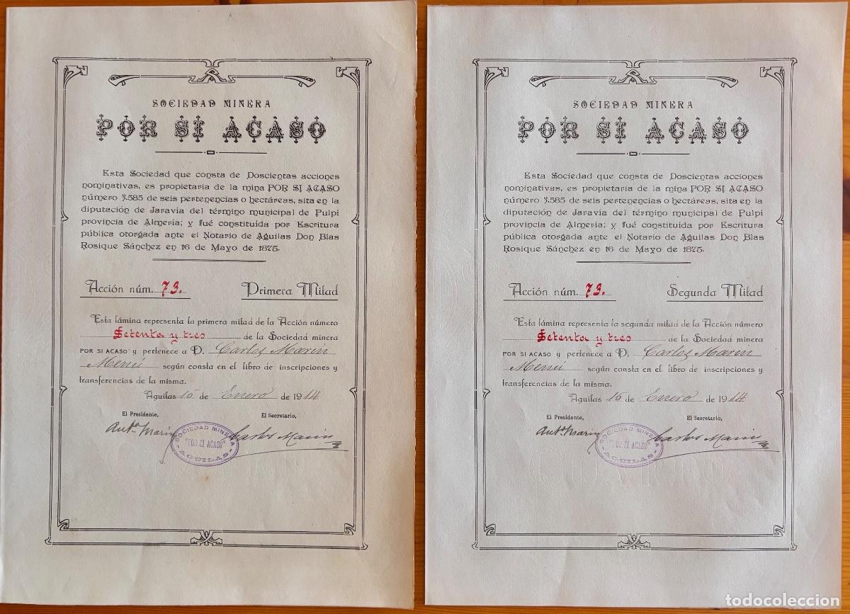 Coleccionismo Acciones Espa&ntilde;olas: PULPI- JARAVIA - ALMERIA- DOS TITULOS- ACCION COMPLETA-MINERIA- S.M. POR SI ACASO- AGUILAS 1914