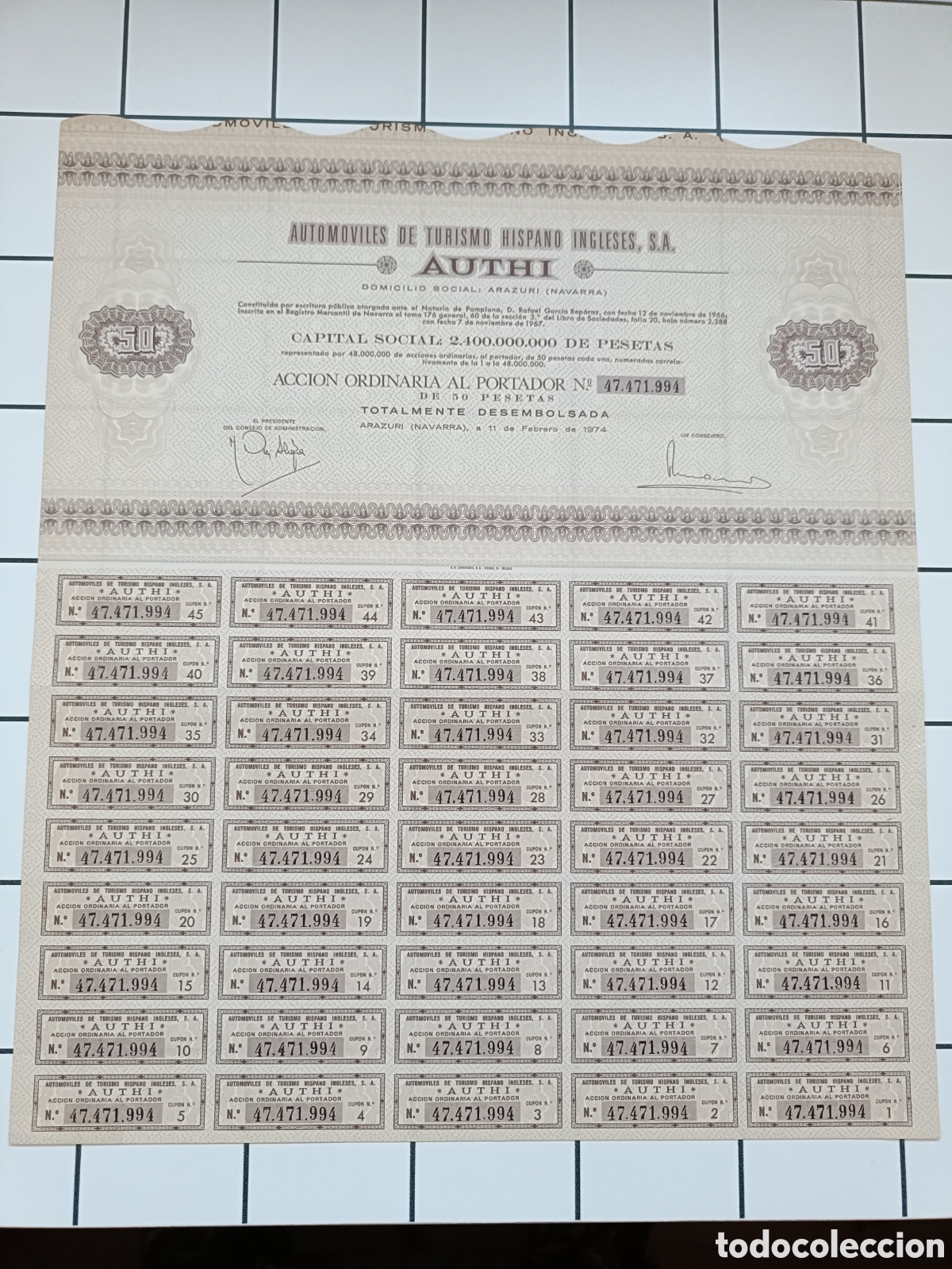 Coleccionismo Acciones Espa&ntilde;olas: Acci&oacute;n original de AUTHI (Autom&oacute;viles de Turismo Hispano Ingleses S.A.) de 1974
