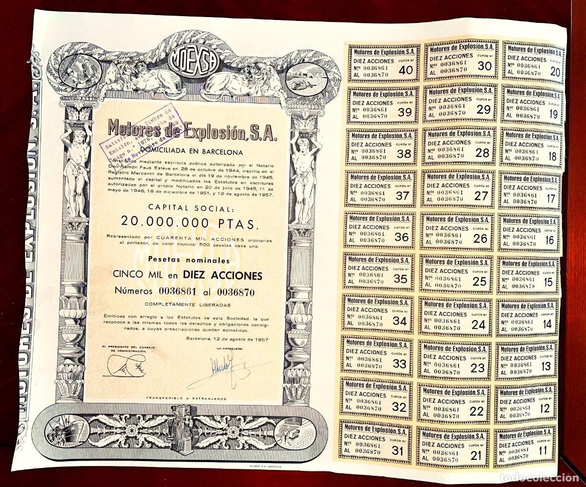 Coleccionismo Acciones Espa&ntilde;olas: Motores de Explosi&oacute;n,SA. Barcelona 1957 acci&oacute;n