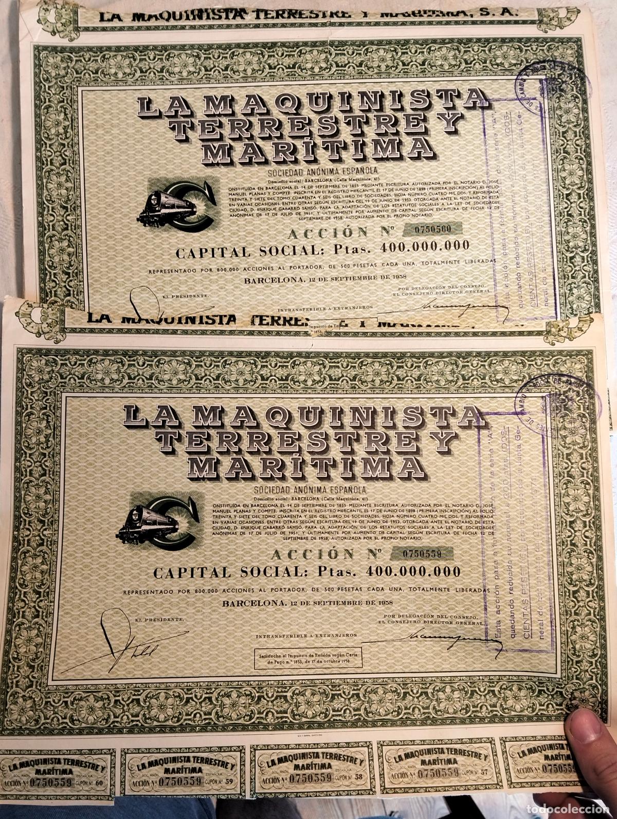 Coleccionismo Acciones Espa&ntilde;olas: La maquinista terrestre y mar&iacute;tima sociedad an&oacute;nima espa&ntilde;ola acci&oacute;n lote 2 unidades