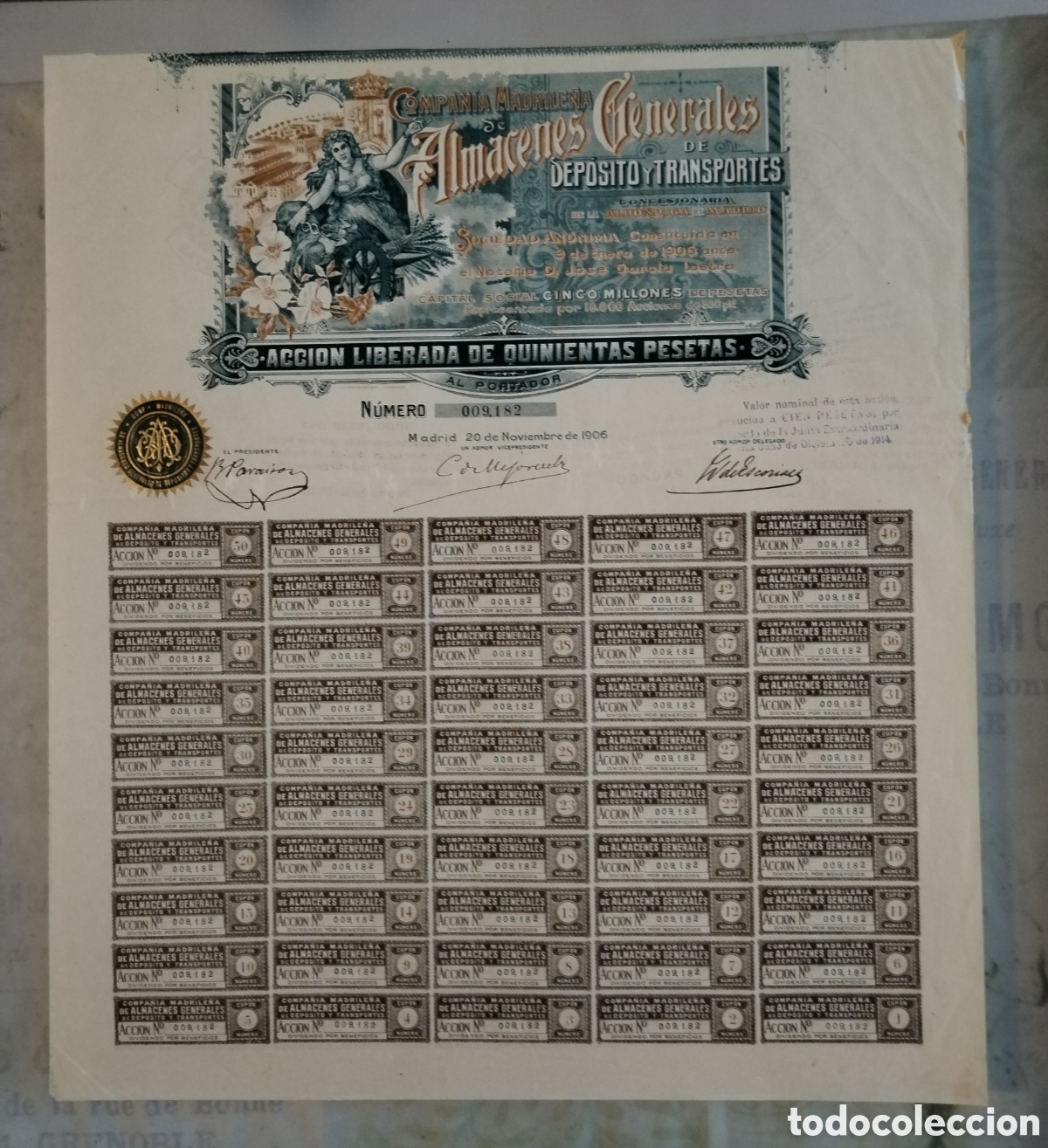Coleccionismo Acciones Espa&ntilde;olas: Acci&oacute;n liberada de quinientas pesetas Compa&ntilde;&iacute;a Madrile&ntilde;a de almacenes generales 1906