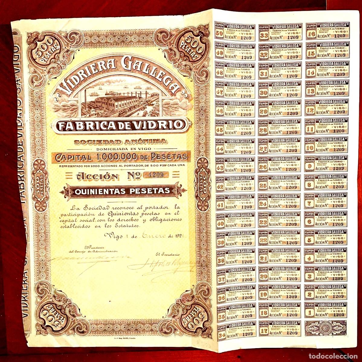 Coleccionismo Acciones Espa&ntilde;olas: Vidriera Gallega,SA acci&oacute;n Vigo 1921 acci&oacute;n restaurada