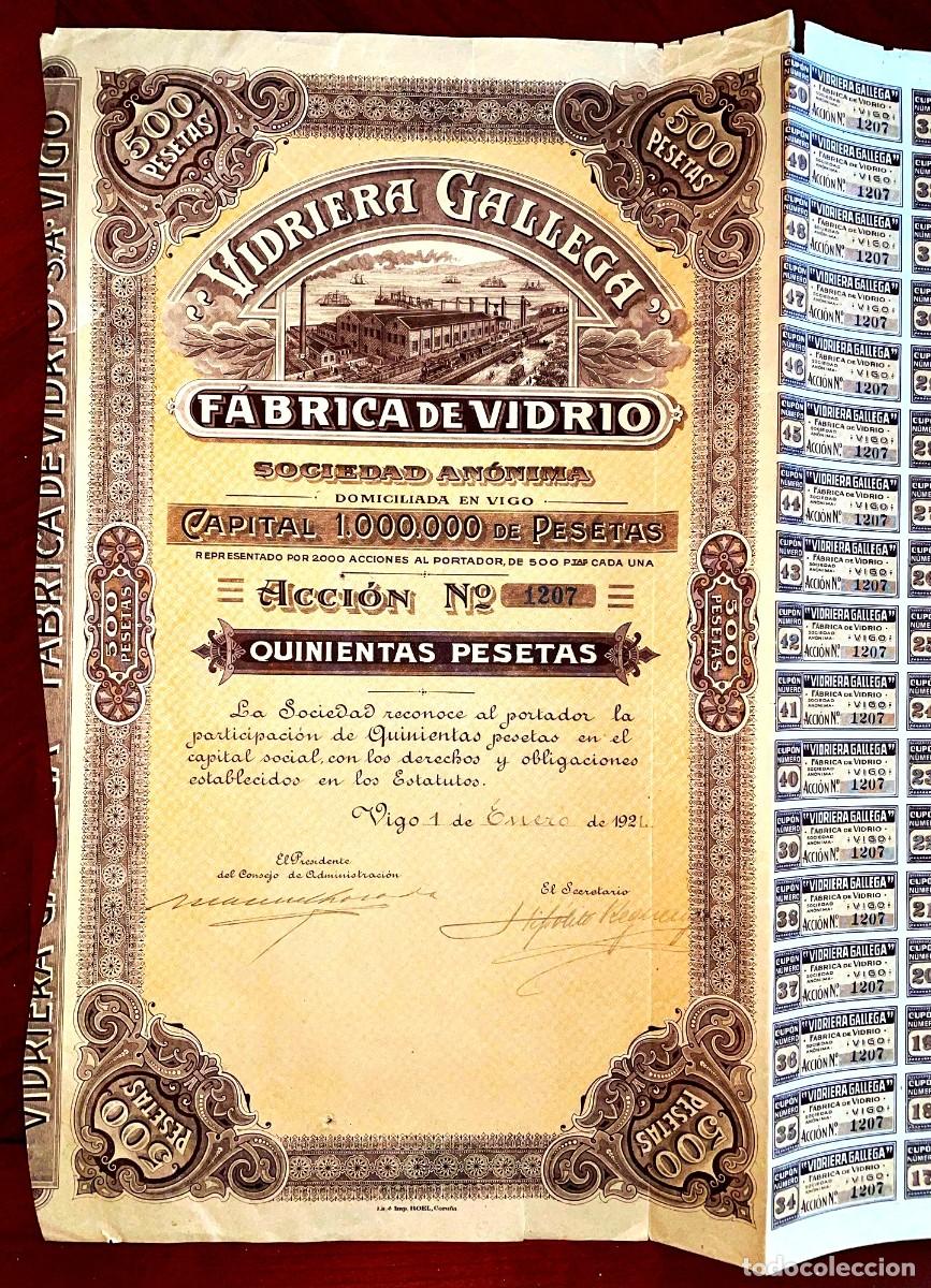 Coleccionismo Acciones Espa&ntilde;olas: Vidriera Gallega,SA acci&oacute;n Vigo 1921 con numerosos cortes o roturas