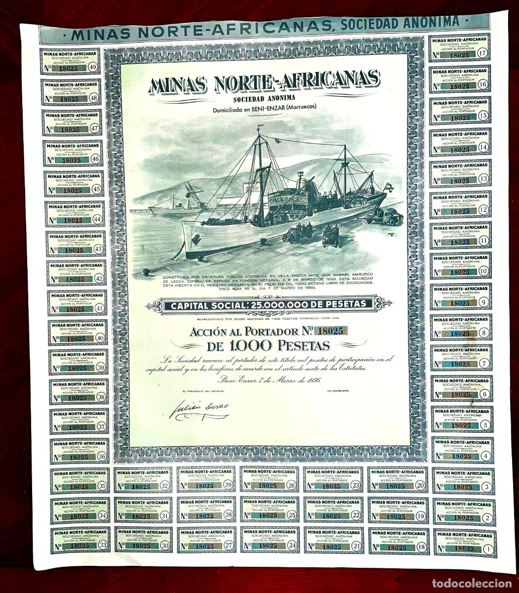 Coleccionismo Acciones Espa&ntilde;olas: Minas Norte Africanas SA Beni-Enzar, Marruecos/Espa&ntilde;a, 1956. acci&oacute;n