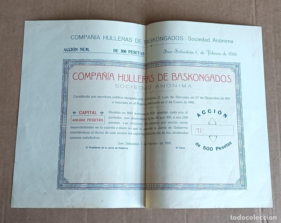 Coleccionismo Acciones Espa&ntilde;olas: Acci&oacute;n COMPA&Ntilde;IA HULLERAS DE BASKONGADOS - San Sebasti&aacute;n 1918