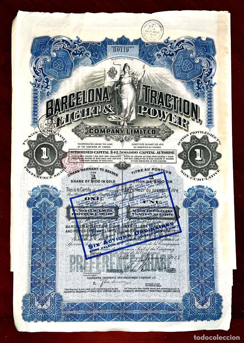 Coleccionismo Acciones Espa&ntilde;olas: Barcelona Traction Light and Power, Acci&oacute;n 1914 $100 oro