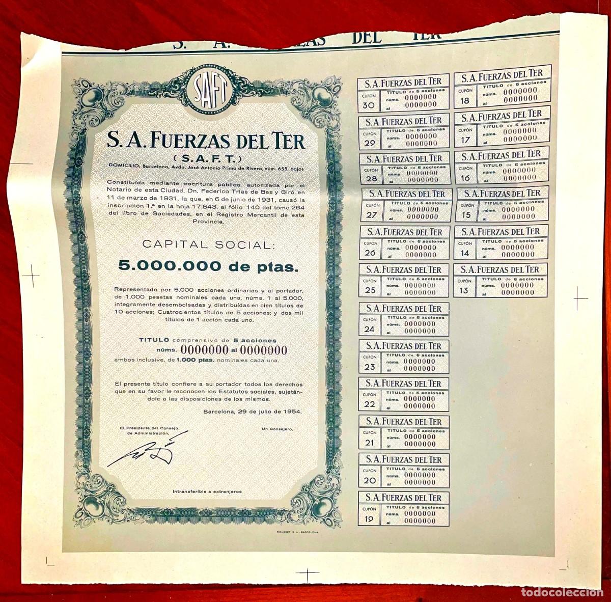 Coleccionismo Acciones Espa&ntilde;olas: S.A.Fuerzas del Ter , Barcelona 1954 acci&oacute;n specimen num.0000