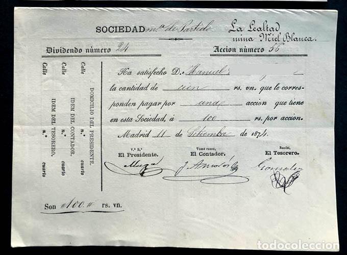 Coleccionismo Acciones Espa&ntilde;olas: ALMER&Iacute;A CUEVAS DE ALMANZORA / SOCIEDAD MINERA LA LEALTAD ( MINA MIEL BLANCA ) COMPA ACCI&Oacute;N 1874