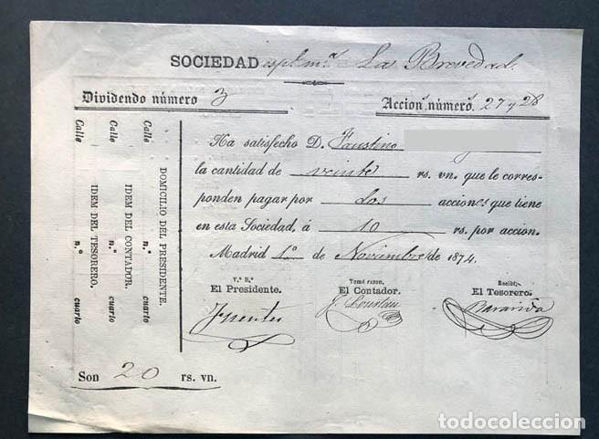 Coleccionismo Acciones Espa&ntilde;olas: ALMER&Iacute;A CUEVAS DE ALMANZORA / SOCIEDAD ESPECIAL MINERA LA BREVEDAD / COMPRA ACCIONES 1874