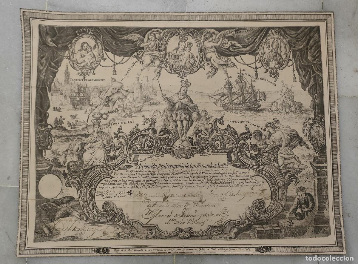 Coleccionismo Acciones Espa&ntilde;olas: ACCION DE LA REAL COMPA&Ntilde;IA DE SAN FERNANDO SEVILLA. 1748 EDITADO POR IBARRA EN 1949