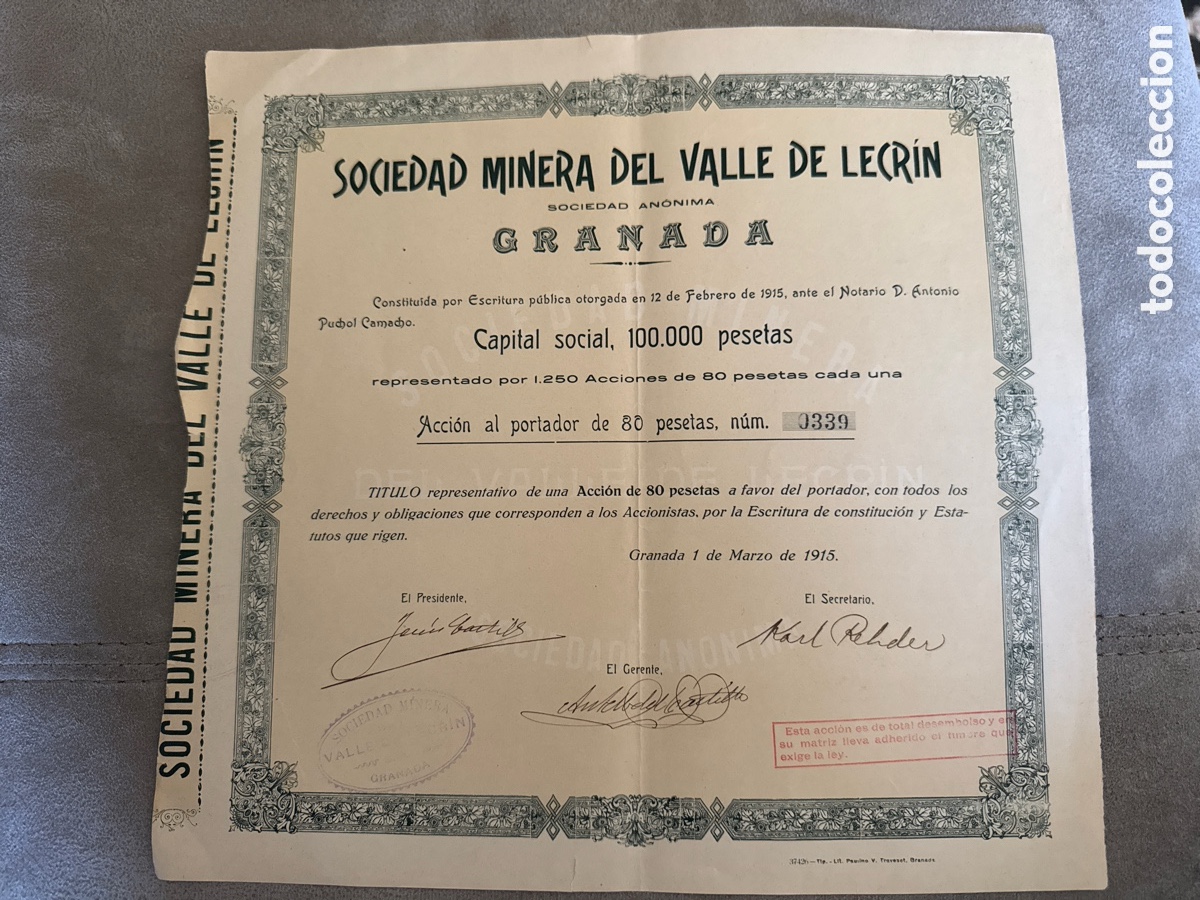 Coleccionismo Acciones Espa&ntilde;olas: SOCIEDAD MINERA DEL VALLE DE LECRIN 1915