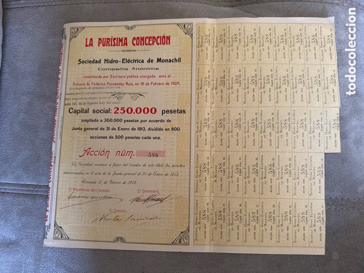 Coleccionismo Acciones Espa&ntilde;olas: LA PURISIMA CONCEPCION SOCIEDAD HIDR&Oacute;GENO-EL&Eacute;CTRICA DE MONACHIL 1909