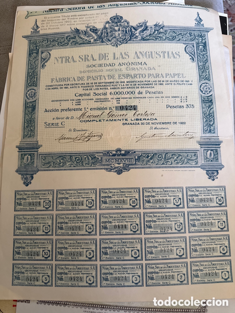 Coleccionismo Acciones Espa&ntilde;olas: NTRA SRA DE LAS ANGUSTIAS F&Aacute;BRICA DE ESPARTO PARA PAPEL