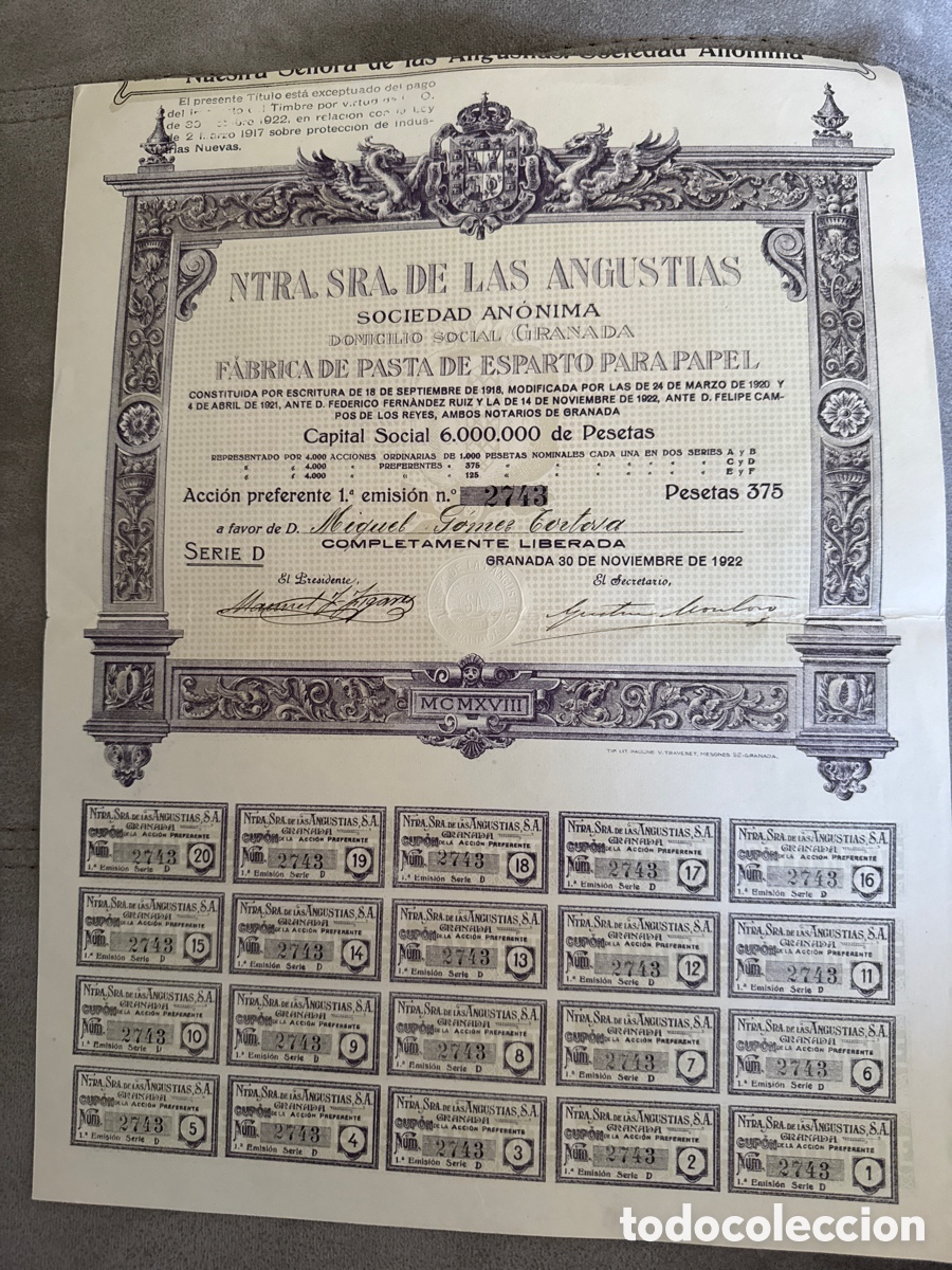 Coleccionismo Acciones Espa&ntilde;olas: NTRA SRA DE LAS ANGUSTIAS 1922