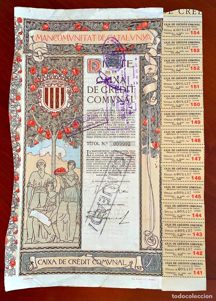 Coleccionismo Acciones Espa&ntilde;olas: Mancomunitat de Catalunya, Caixa de Cr&egrave;dit Comunal , Barcelona 1915 bono