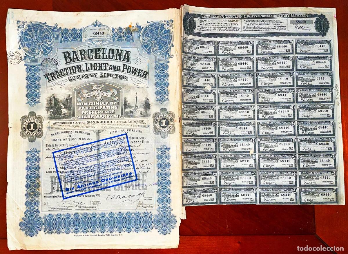 Coleccionismo Acciones Espa&ntilde;olas: Una acci&oacute;n al portador de la sociedad: &rdquo;Barcelona Traction Light and Power&rdquo;.1929