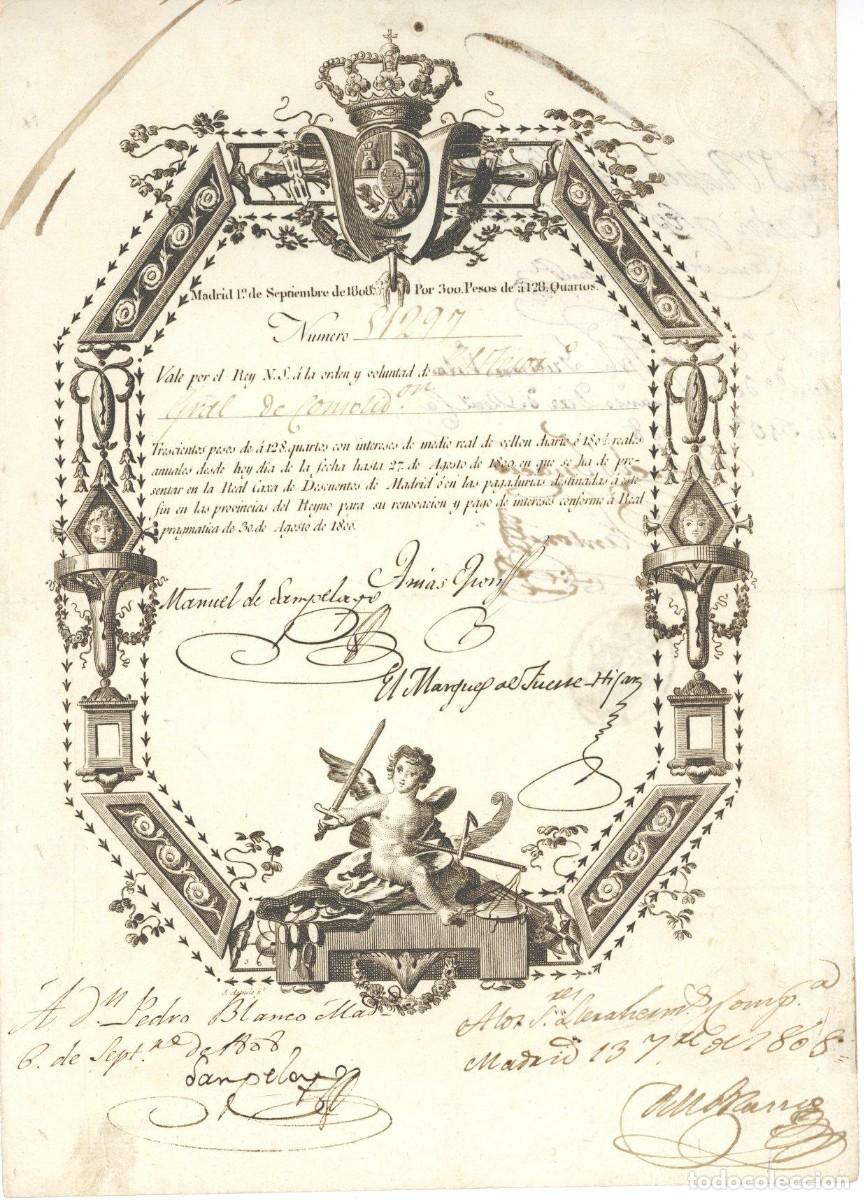 Sammeln von spanischen Wertpapieren: REAL CAXA DE DESCUENTOS DE MADRID - BONO DE 300 PESOS - A&Ntilde;O 1808 - NEGOCIABLE -