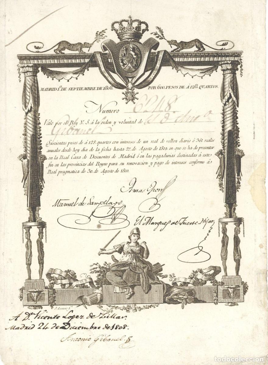 Coleccionismo acciones espa&ntilde;olas: REAL CAXA DE DESCUENTOS DE MADRID - BONO DE 600 PESOS - A&Ntilde;O 1808 -
