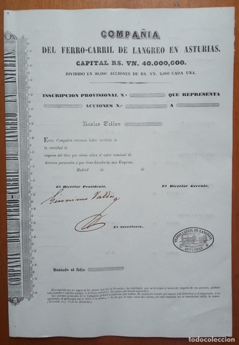 Coleccionismo Acciones Espa&ntilde;olas: Compa&ntilde;&iacute;a del ferrocarril de Langreo en Asturias. Inscripci&oacute;n provisional de acciones. Siglo XIX