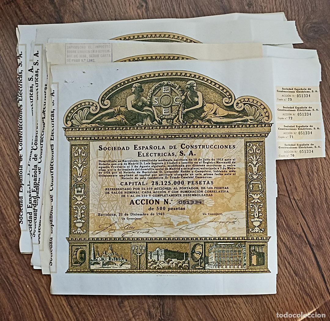Coleccionismo Acciones Espa&ntilde;olas: Sociedad Espa&ntilde;ola de Construcciones El&eacute;ctricas S. A. Acci&oacute;n de 500 Pesetas. Barcelona 1965