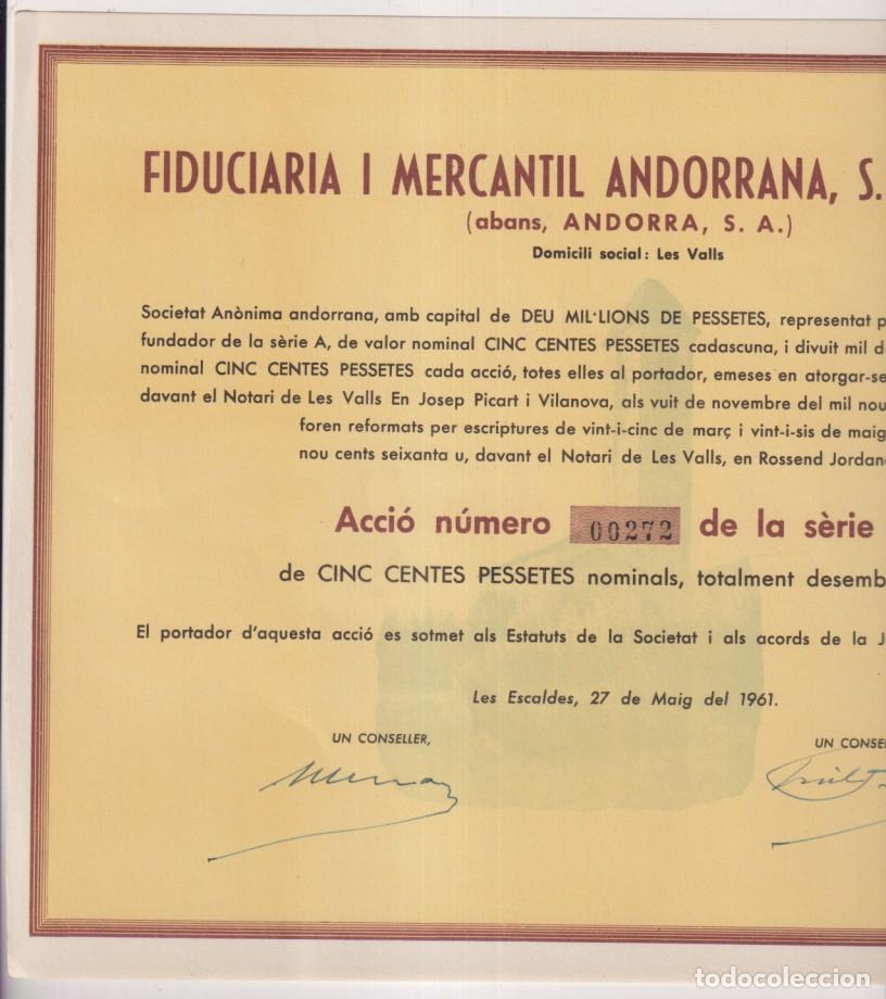 Coleccionismo Acciones Espa&ntilde;olas: Fiduciaria i mercantil Andorrana, S. A. Fimasa. Acci&oacute;, Les Escaldes, 27 de maig del 1961